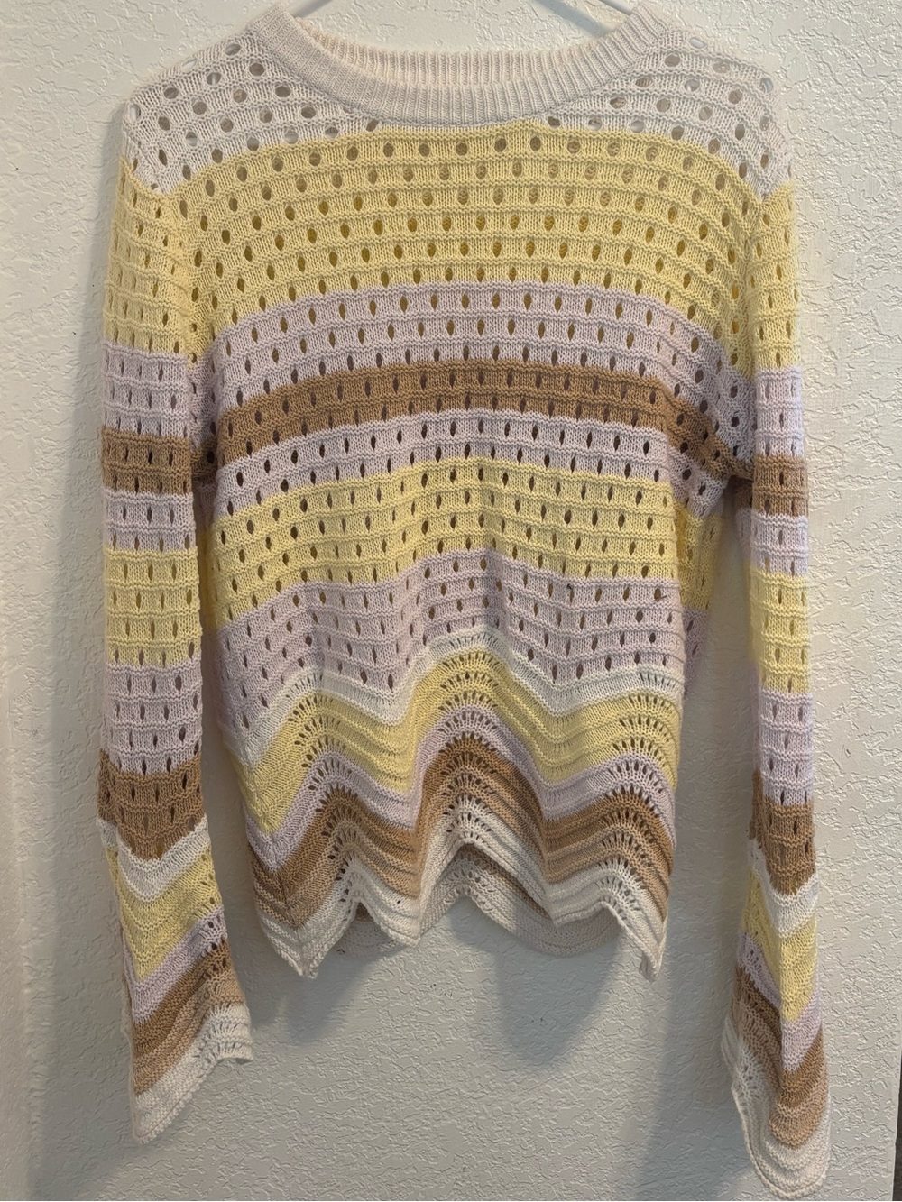 Pastel Striped Open-Knit Crewneck Sweater - Yellow, White & Tan